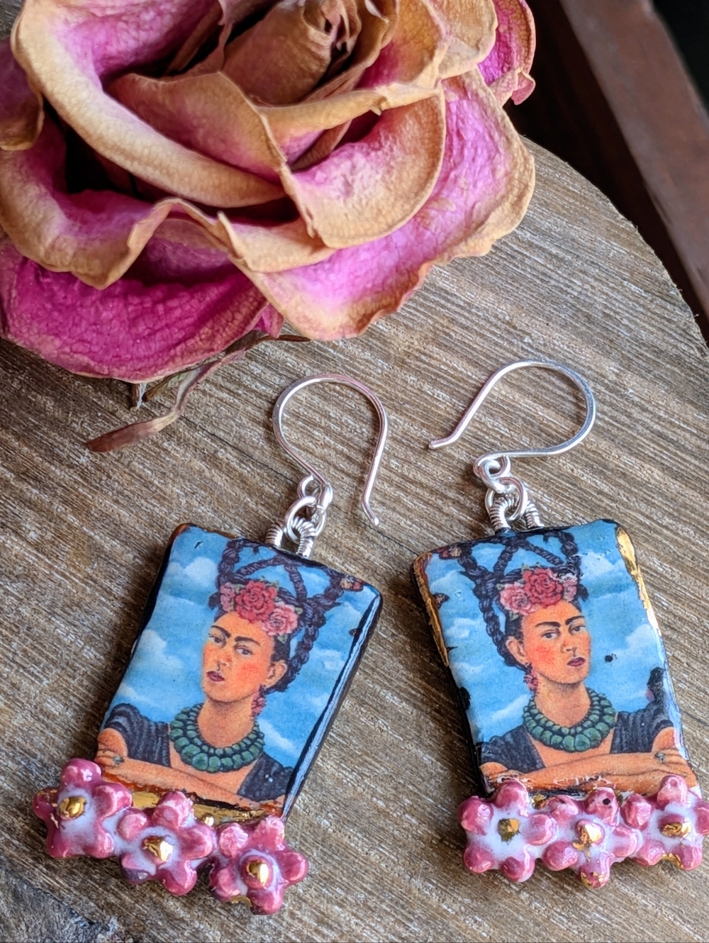 Rare Frida Khalo Earrings Artisan Ceramic Jewelry Sterling Silver - Picture 3 of 15